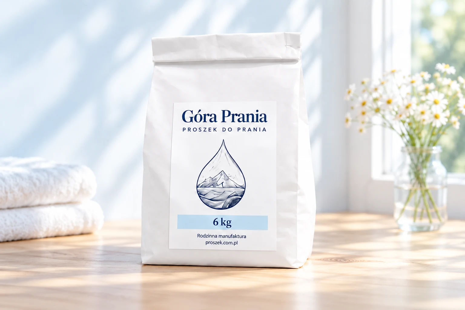 Wizualizacja jednego białego opakowania Góry Prania na drewnianym blacie przy oknie